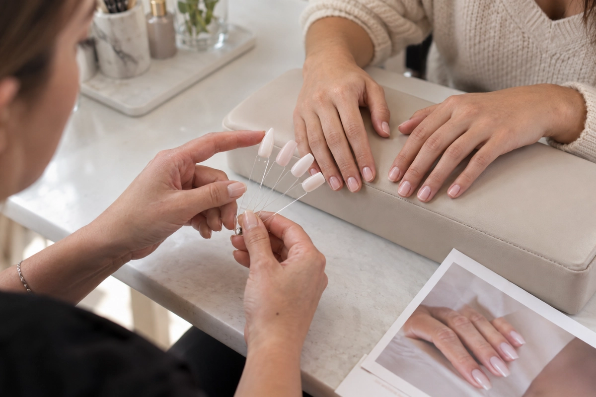 Client comparing manicure colors with a nail technician