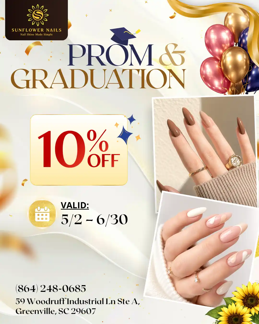 Prom and graduation special at Sunflower Nails: 10% off, valid from May 2 to June 30